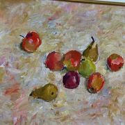 Original Swedish oil on canvas – “Frukt” by Bente Bjerregaard – dated 1989 – vintage & framed 59 × 70 cm
