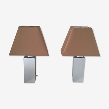Pair of minimalist table lamps in chrome metal 1970