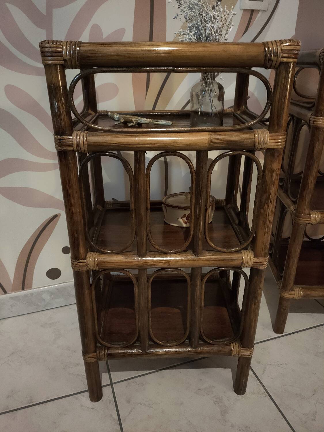 Pair of vintage bamboo and rattan bedside tables/shelves