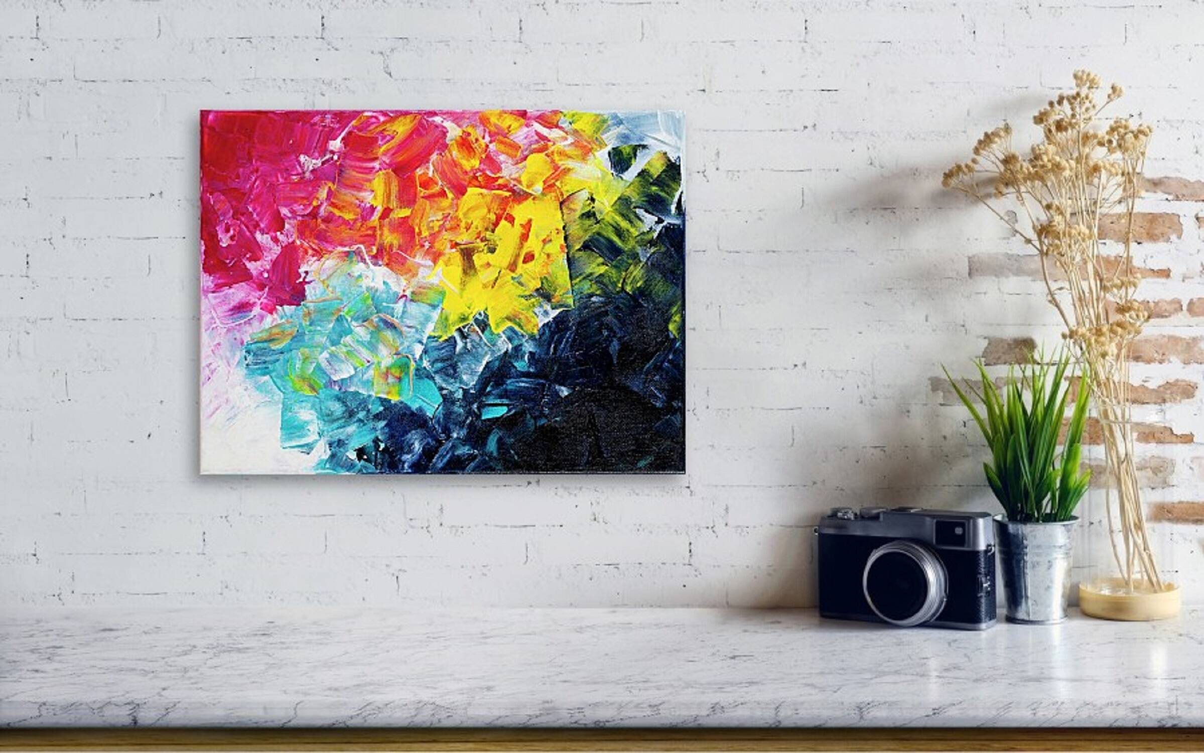 Acrylic painting on canvas in blue, pink, and yellow.