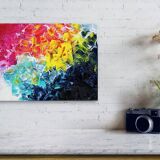 Acrylic painting on canvas in blue, pink, and yellow.