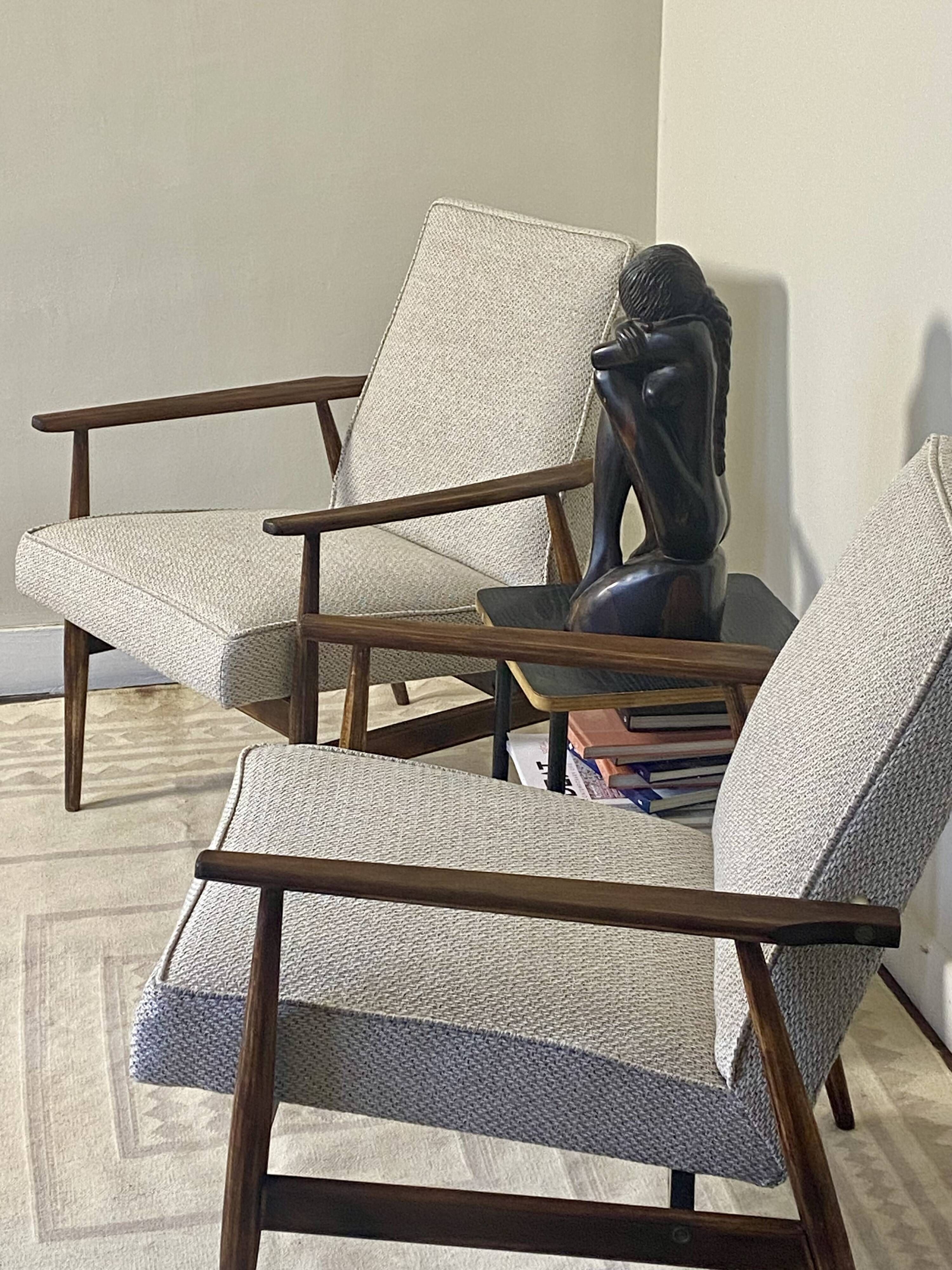 Pair of Henryk Lis 300-190 armchairs in mottled blue-grey fabric, 1970s