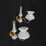 2 wall lights in gold metal and milky glass, swan neck