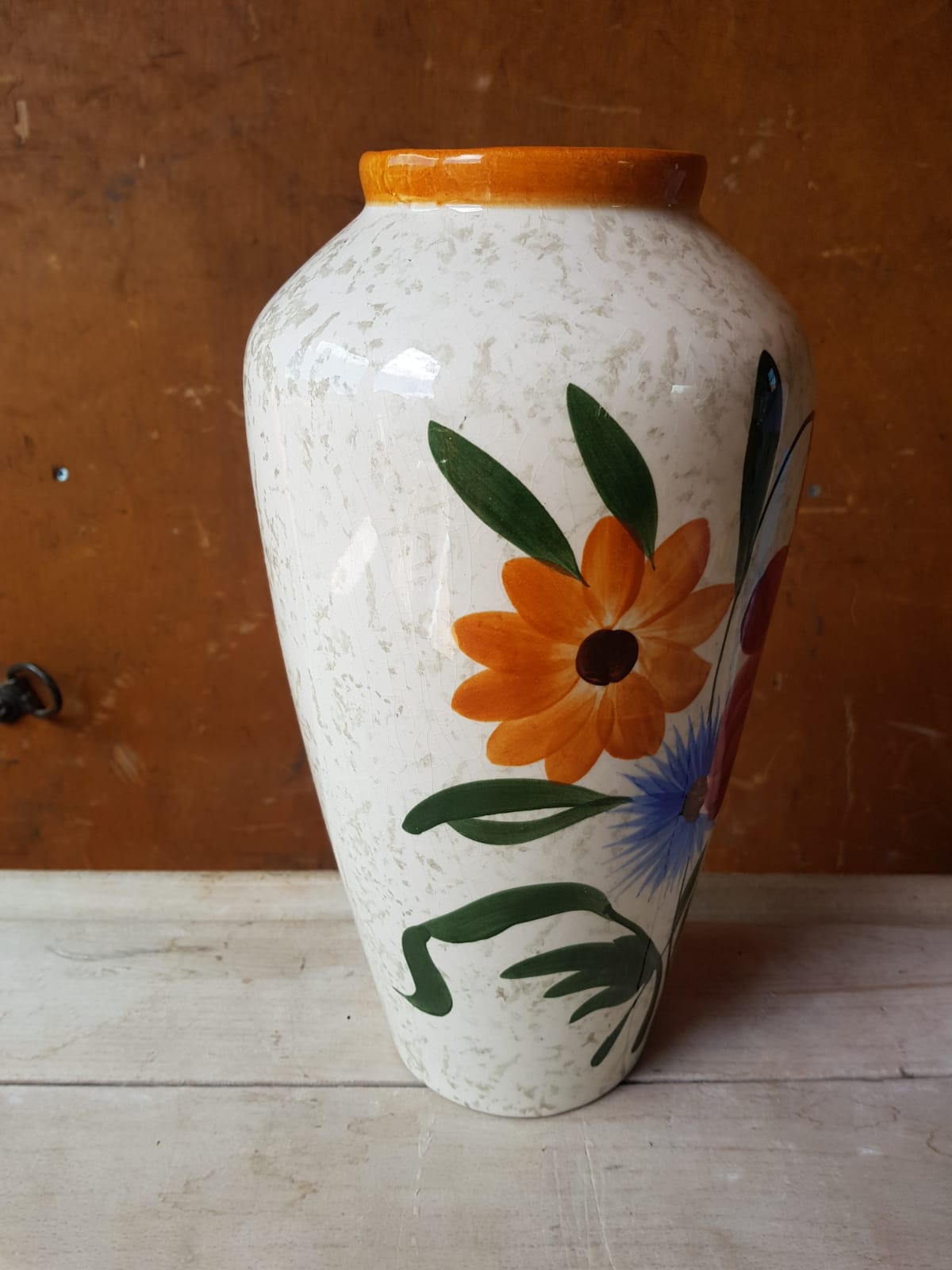 Ancien vase céramique décor de fleurs années 70 vintage