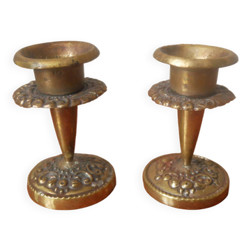 Paire de bougeoirs laiton antique décoration campagne scandinave métal doré chandeliers candélabres