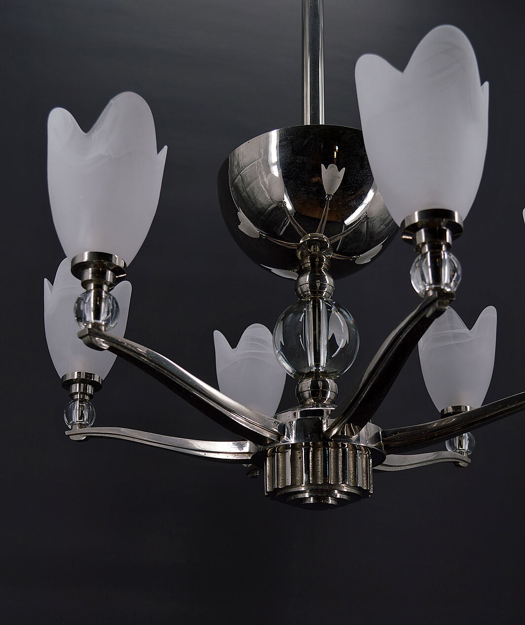 6-spoke Art Deco Modernist chrome chandelier, France, circa 1930