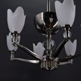 Lustre chromé Art Deco Moderniste à 6 branches, France, circa 1930