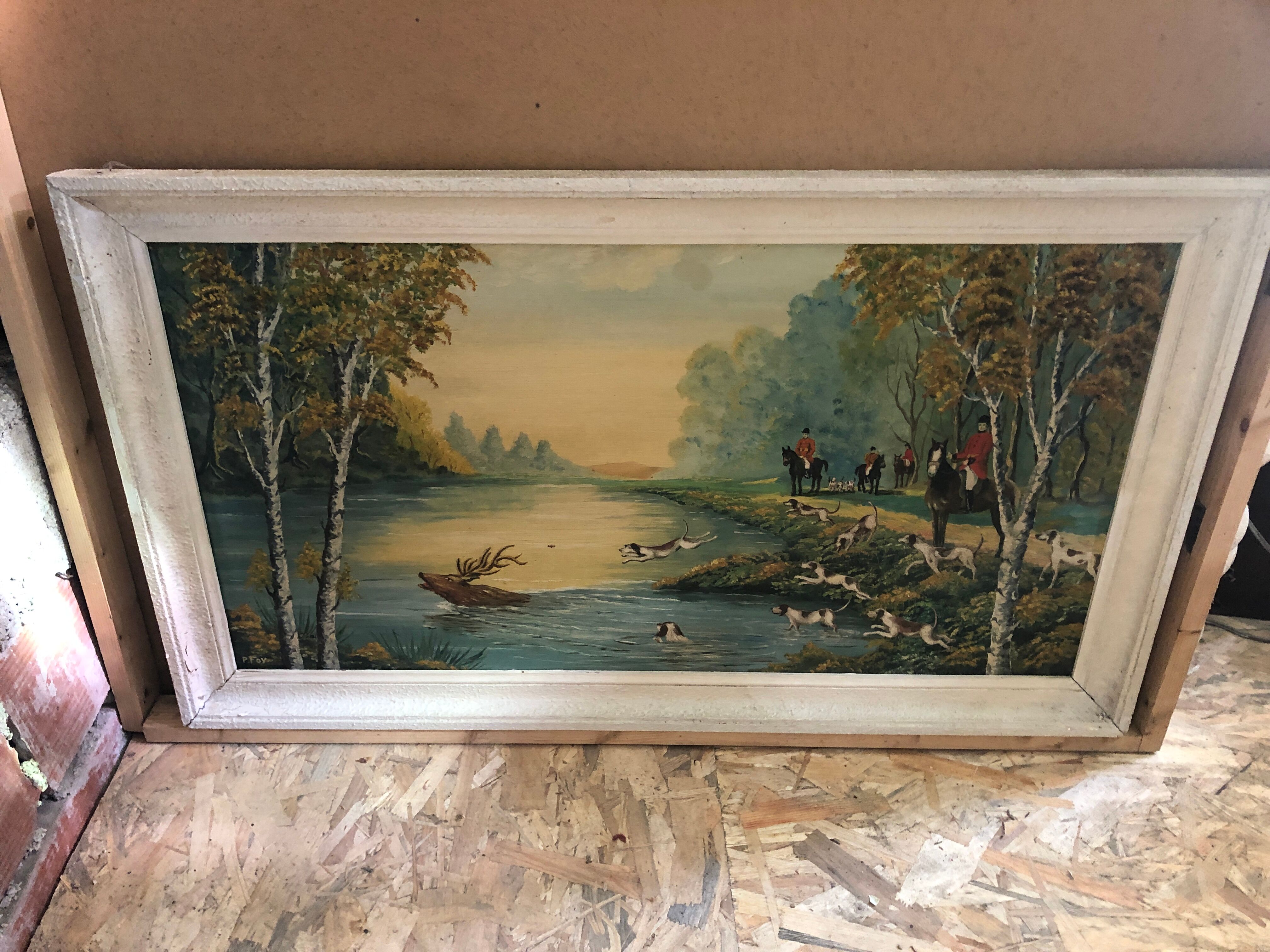 Old painting oil on panel p. foy hunting to court + frame wood white vintage