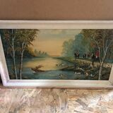 Ancien tableau huile sur panneau p. foy chasse à cour + cadre bois blanc vintage