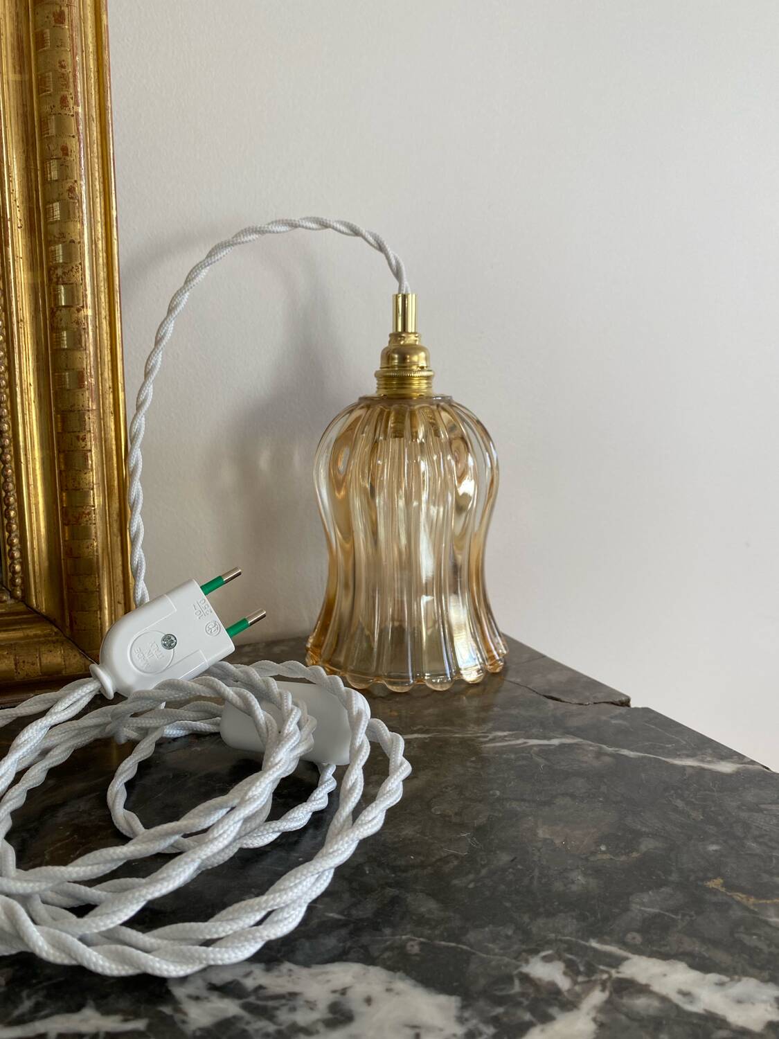 Pair of portable lamps with vintage amber glass globes