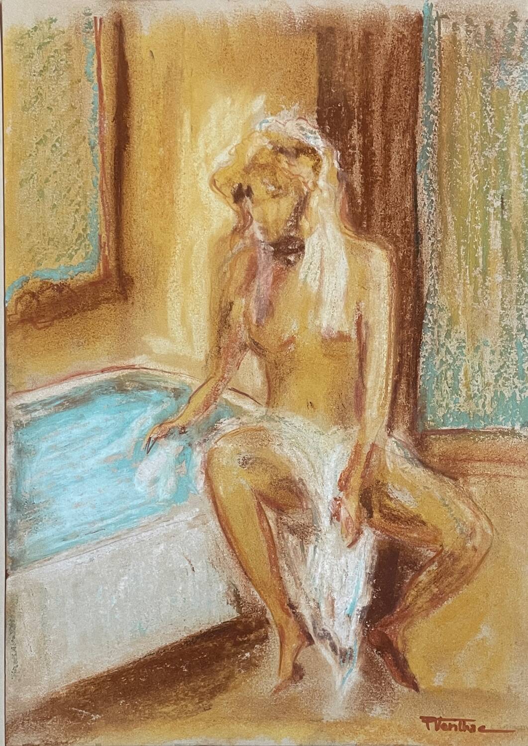 Signed pastel painting "The Bath" featuring a female portrait.