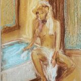 Tableau signé pastel  portrait féminin « le bain »
