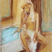 Tableau signé pastel  portrait féminin « le bain »