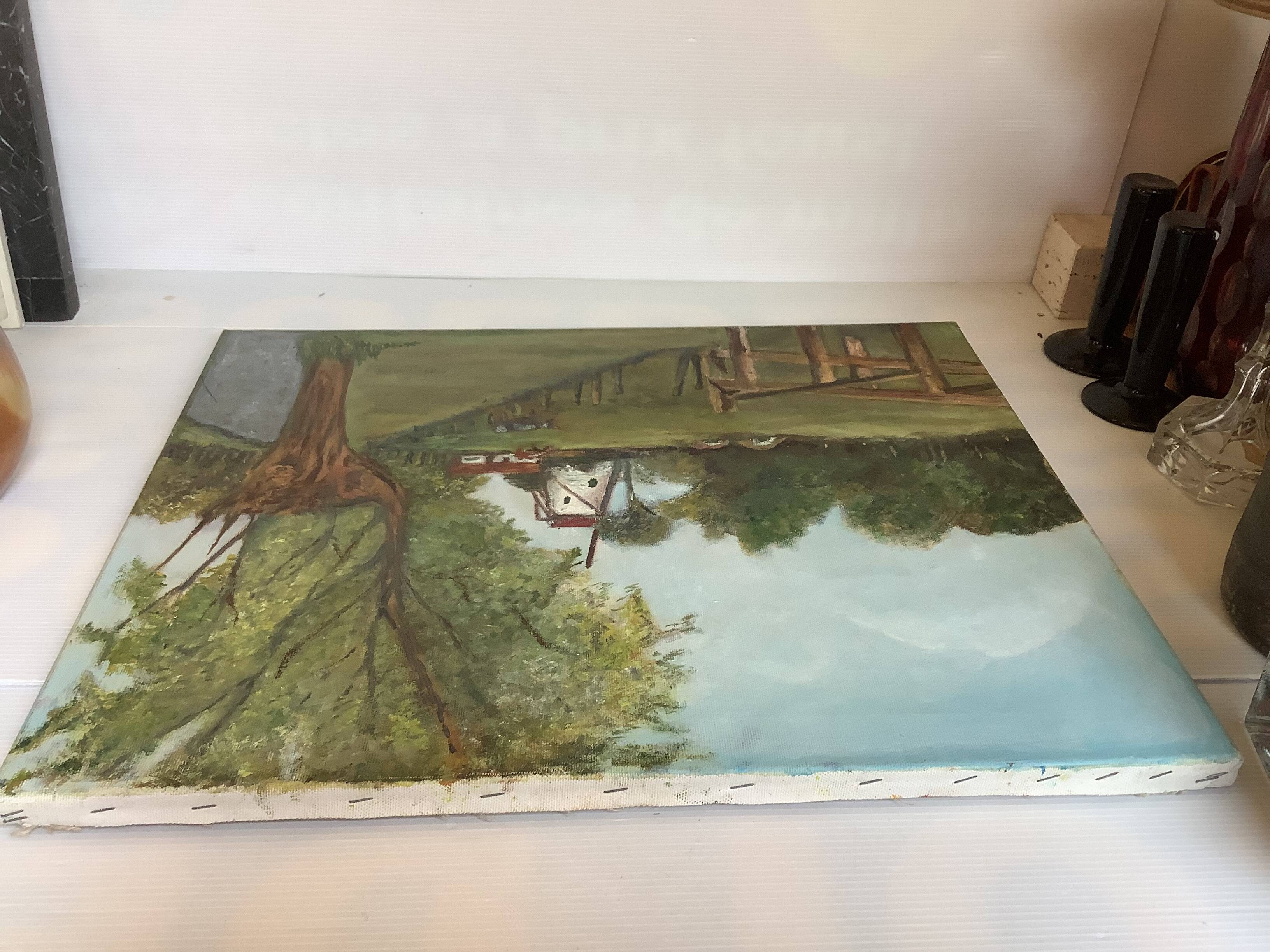 Landscape painting of a countryside windmill oil on canvas