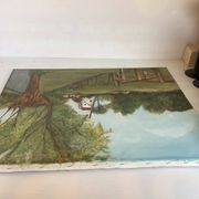 Landscape painting of a countryside windmill oil on canvas