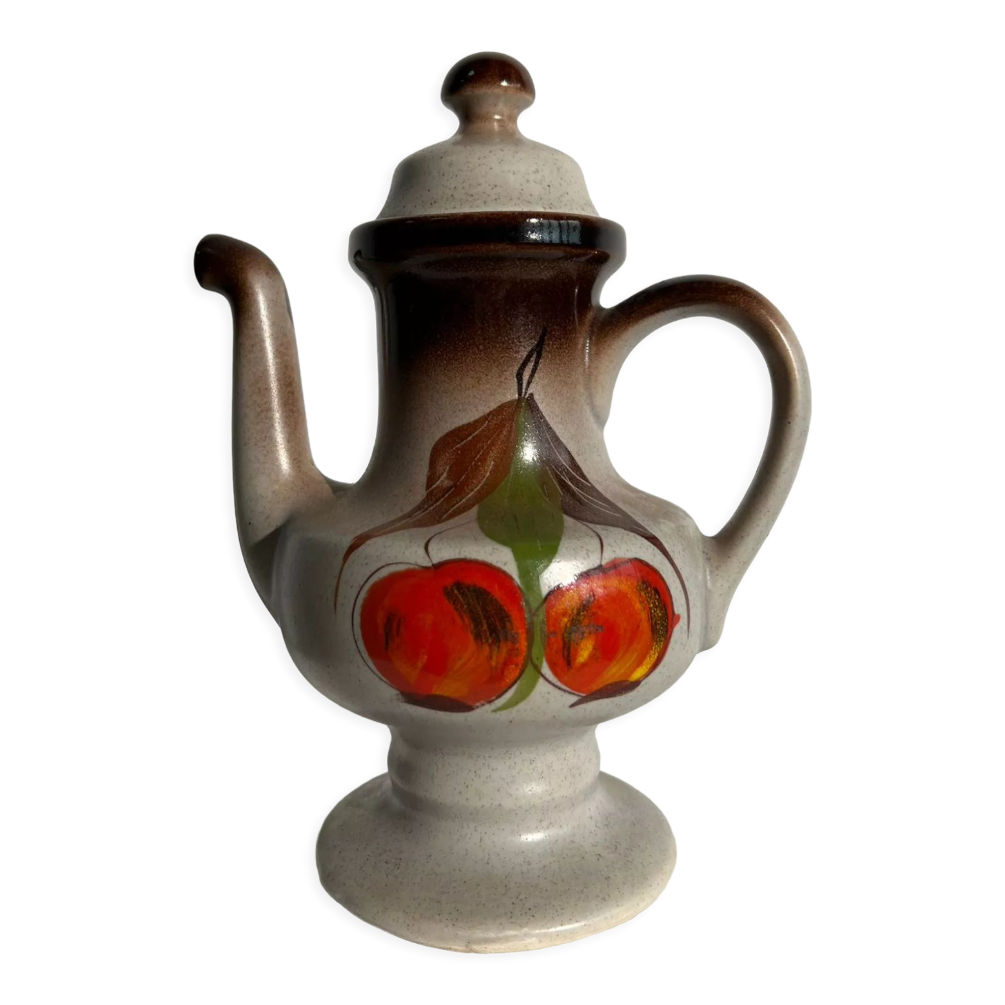 Vintage stoneware teapot with flower and fruit patterns