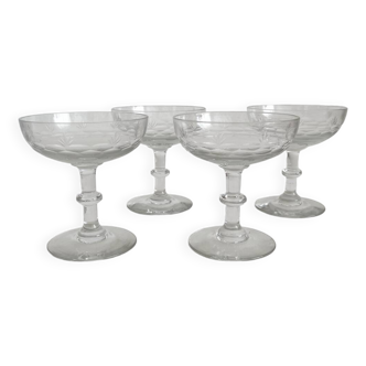 4 antique champagne glasses in engraved glass decor