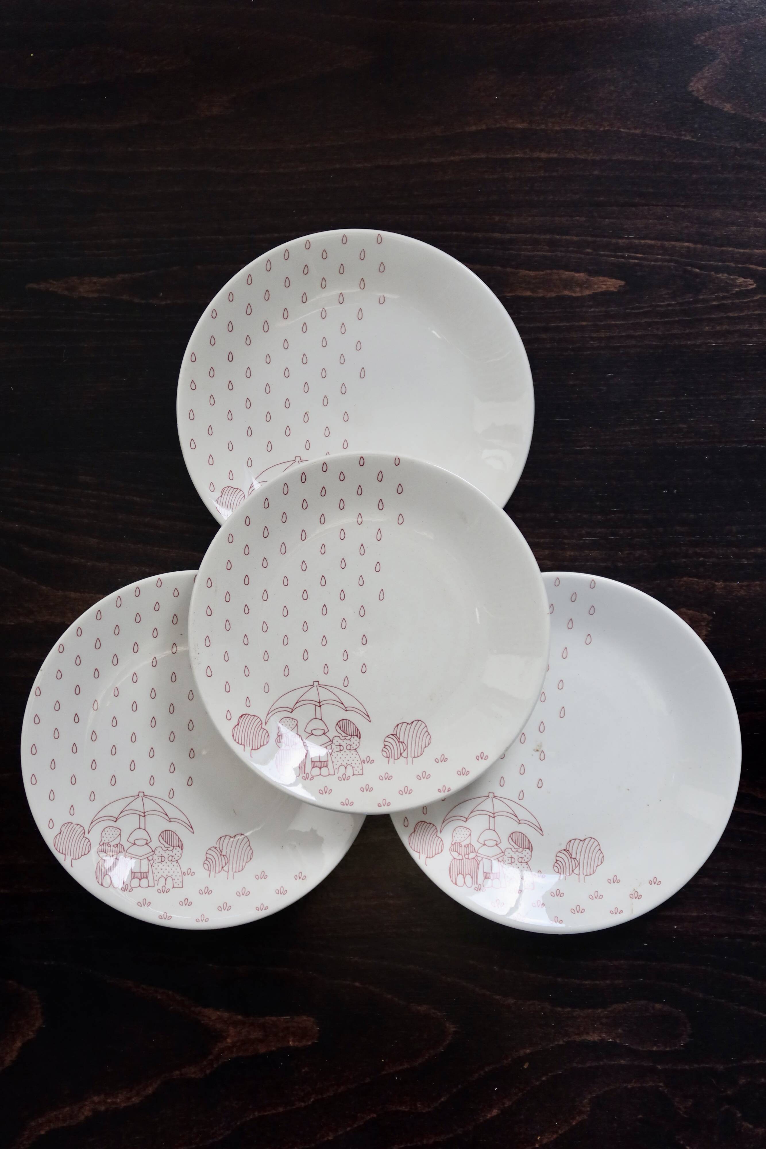 4 vintage dessert plates Sarreguemines - White earthenware with red pattern n
