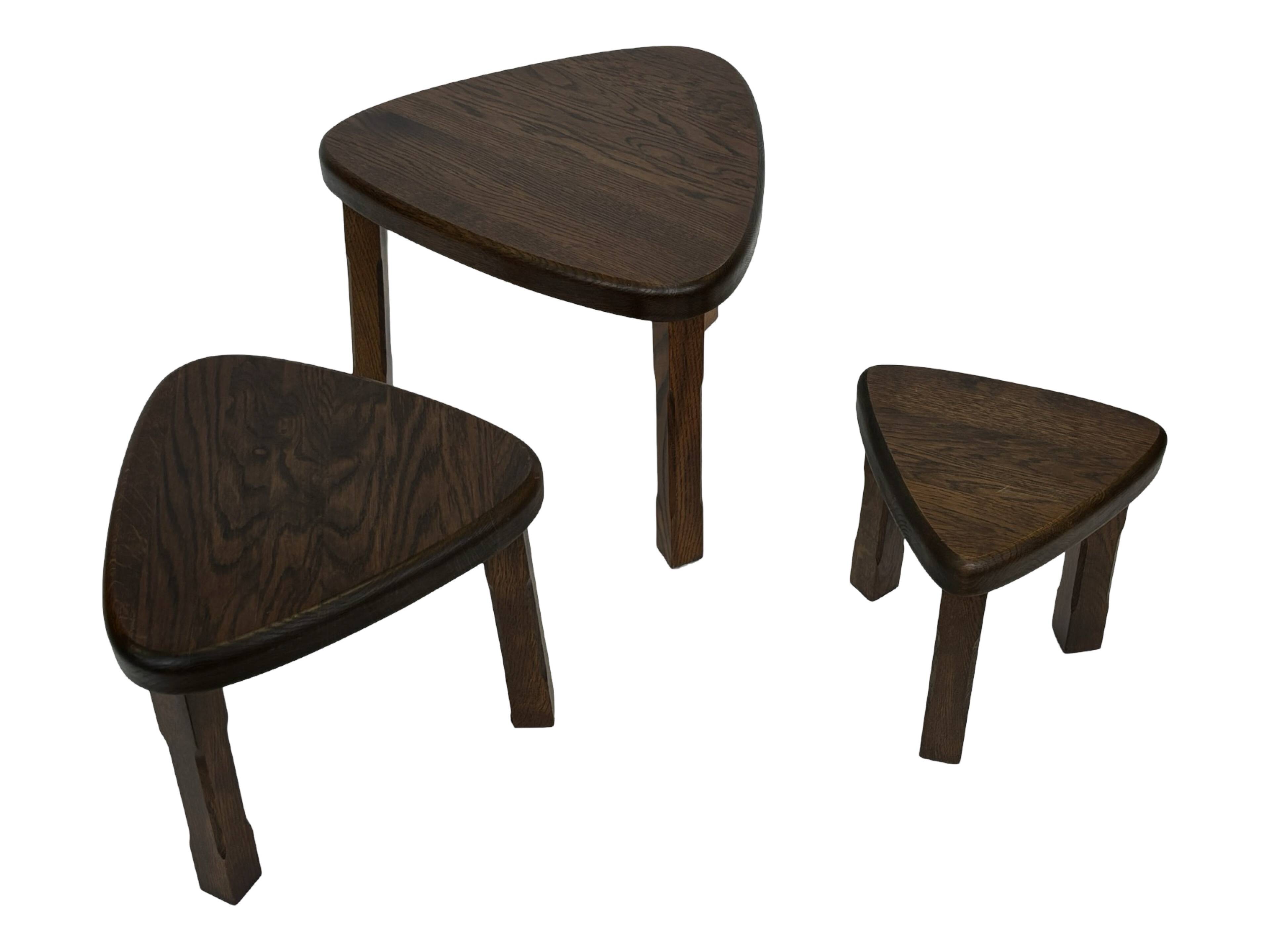 Set of 3 brutalist oak oval side or nesting tables minimalist design 1970s