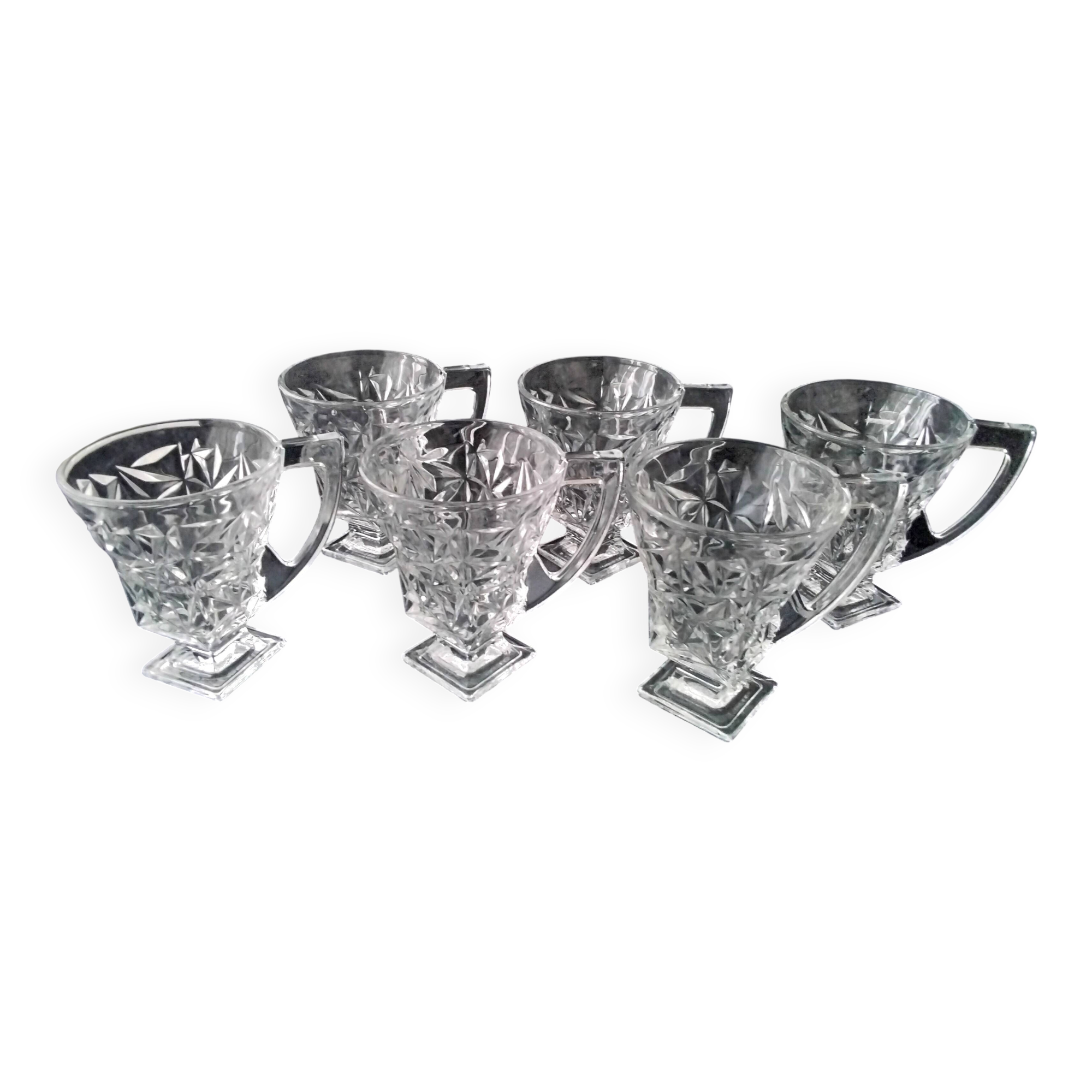 6 tea glasses with handles made of pressed moulded glass