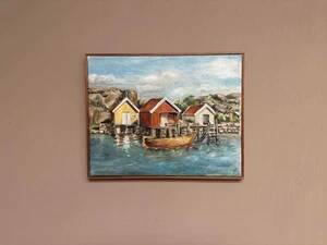 Mid-Century Oil on Canvas “houses with Boat” by Unknown, Vintage & Framed