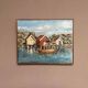 Mid-Century Oil on Canvas “houses with Boat” by Unknown, Vintage & Framed