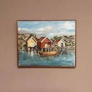 Mid-Century Oil on Canvas “houses with Boat” by Unknown, Vintage & Framed