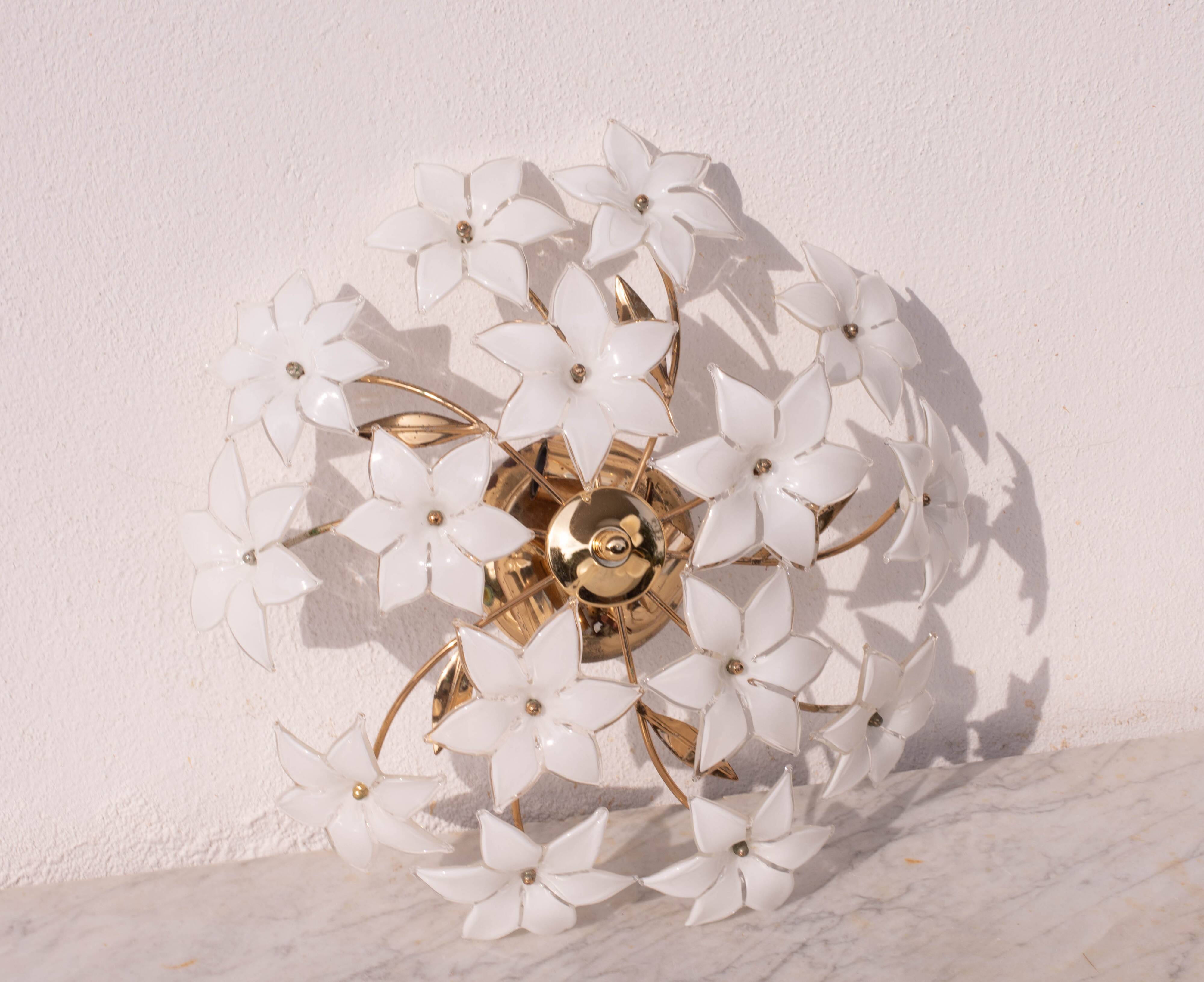 Charming Vintage Murano Ceiling Light White Flowers, 1960s