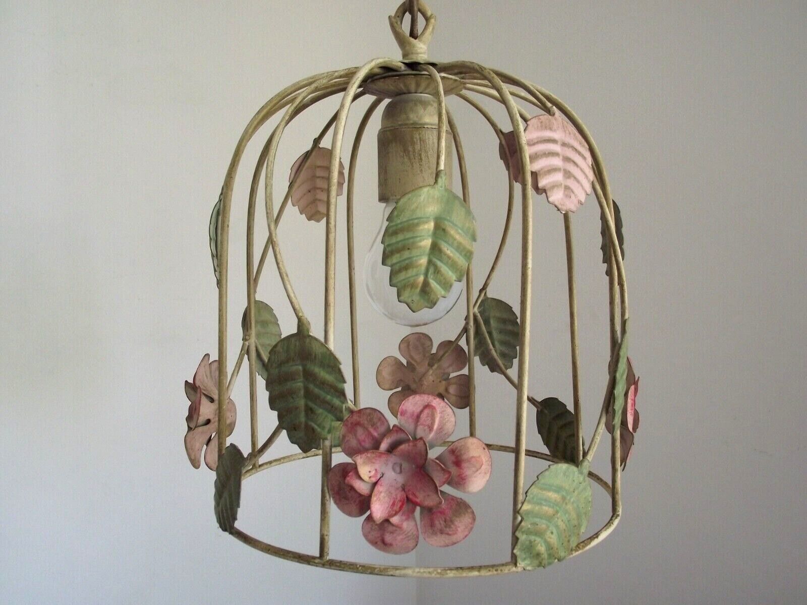 French vintage single bulb Toleware cage light with pink and green flowers