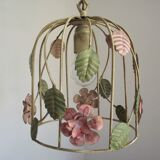 French vintage single bulb Toleware cage light with pink and green flowers