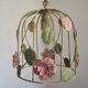 French vintage single bulb Toleware cage light with pink and green flowers