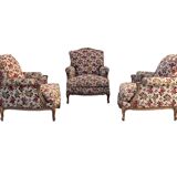 Antique Louis XV style shepherdess armchair in floral flocked fabric