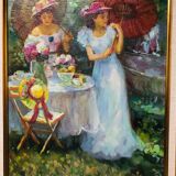 Painting - oil on canvas: tea in the garden