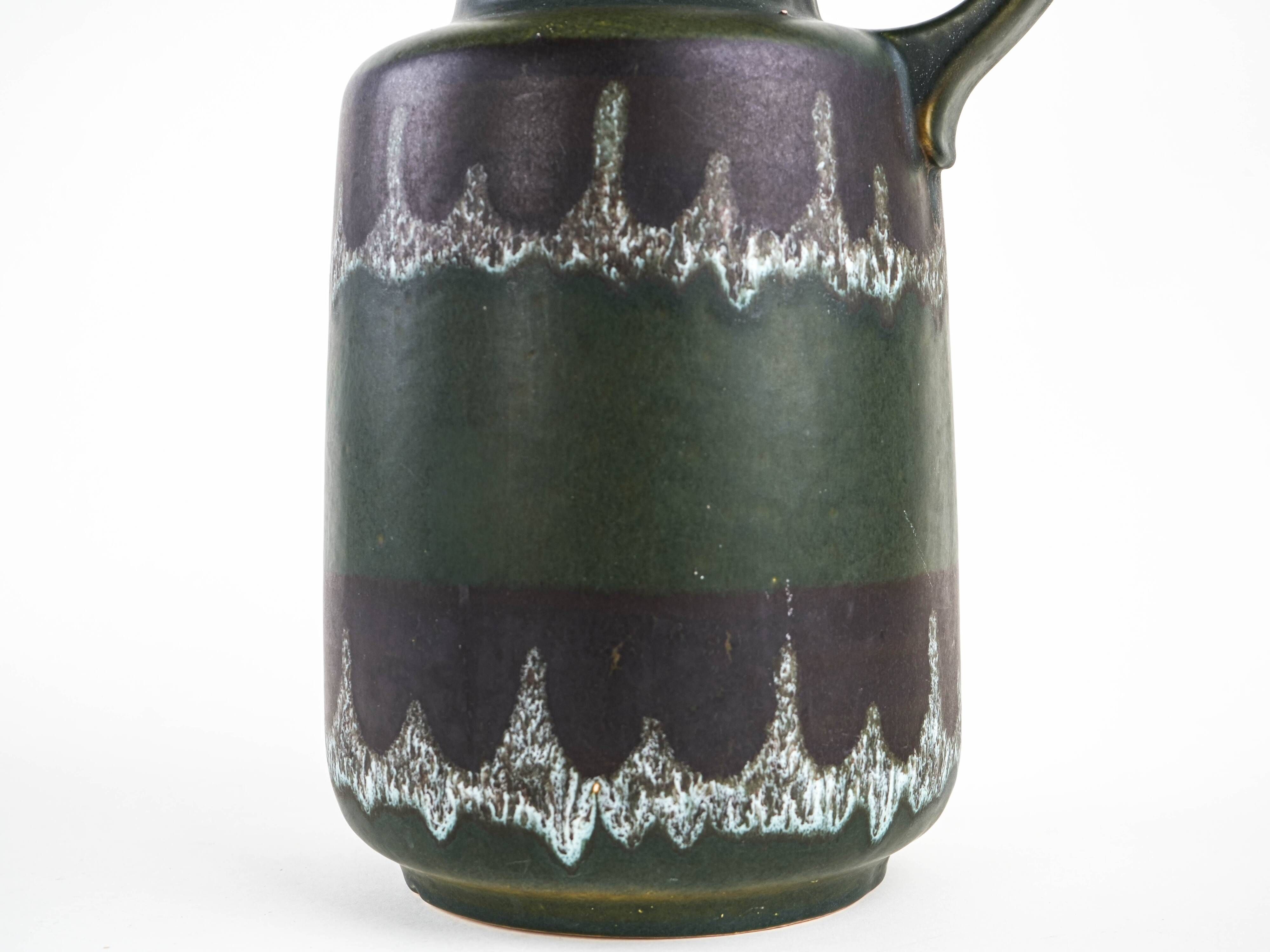 Fat lava ceramic vase with handle, green glaze, West Germany, 1970s