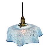 Abat-jour ancien en verre moucheté bleu et blanc – Bord ondulé – Vintage