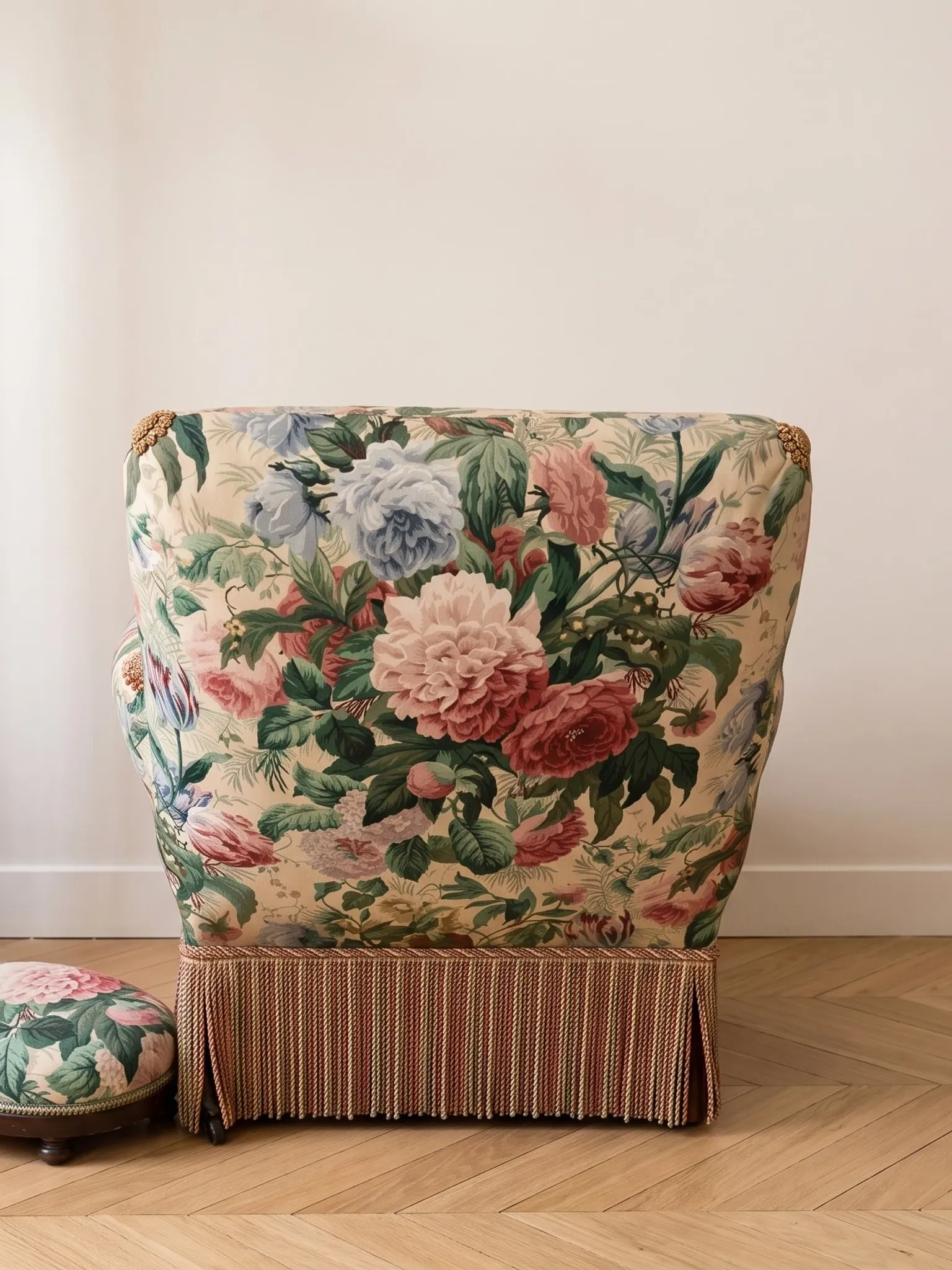 Set of 2 Napoleon III armchairs and footstool, floral fabric