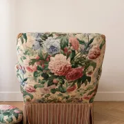 Set of 2 Napoleon III armchairs and footstool, floral fabric