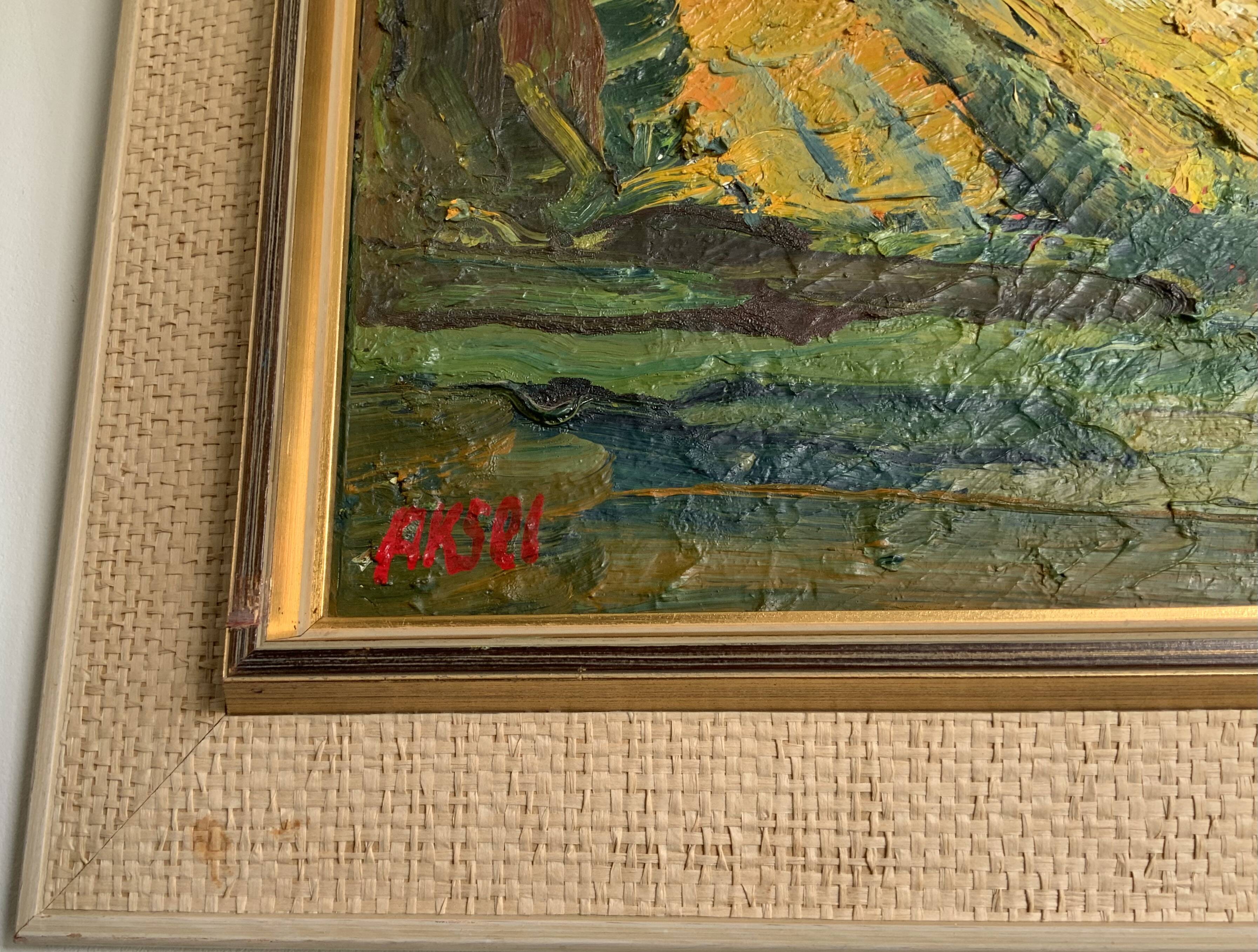 Vintage Modernists Oil Painting Autumn Landscape by Aksel 1960s