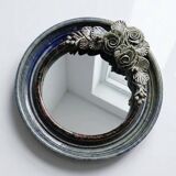 Round wall mirror in blue stoneware La Borne Catido floral decoration 1960 - Accidents