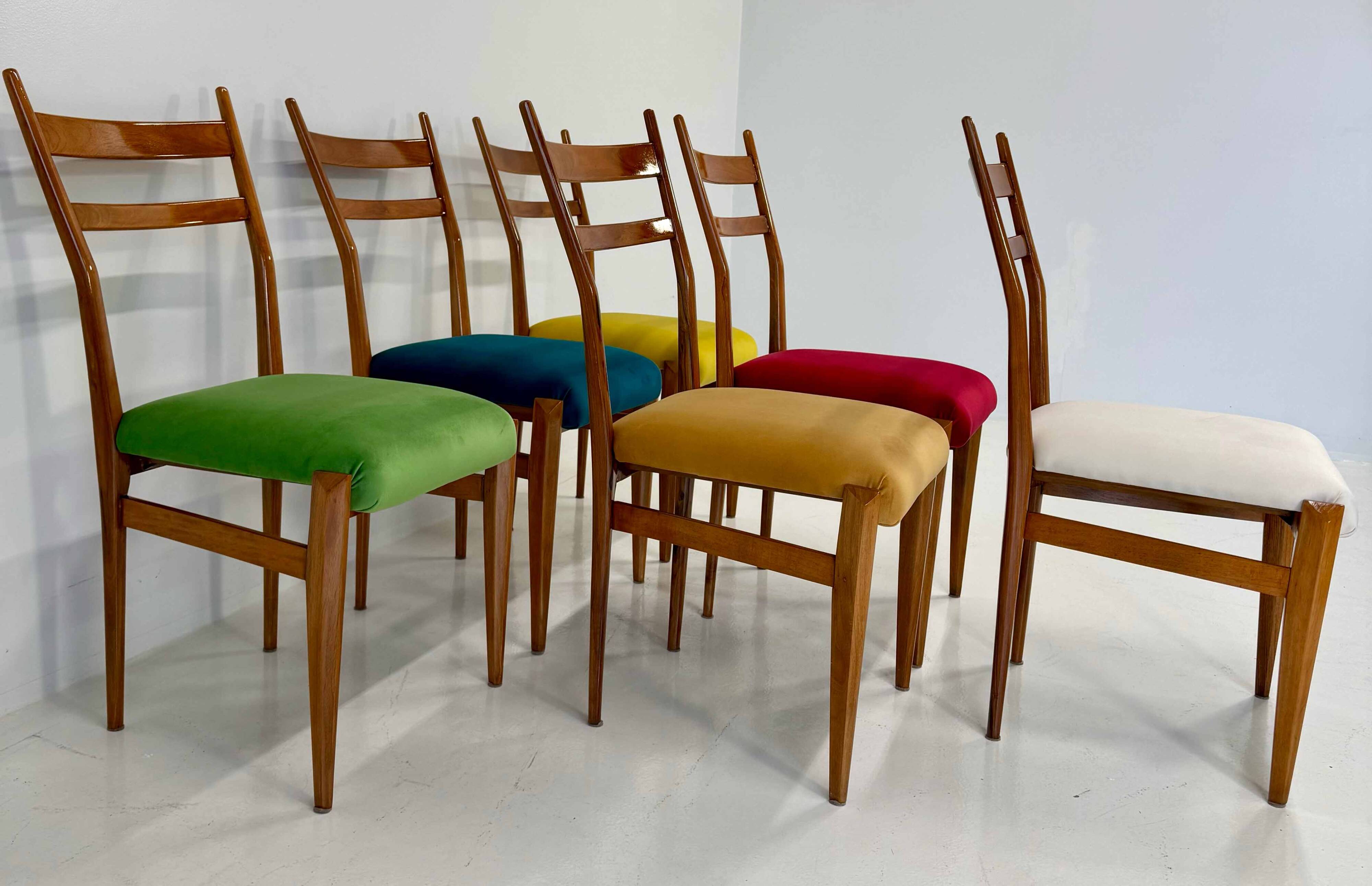 Set of Six Italian Art Deco Walnut Chairs with Colorful Velvet Seats, 1950s