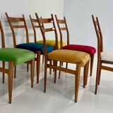 Set of Six Italian Art Deco Walnut Chairs with Colorful Velvet Seats, 1950s