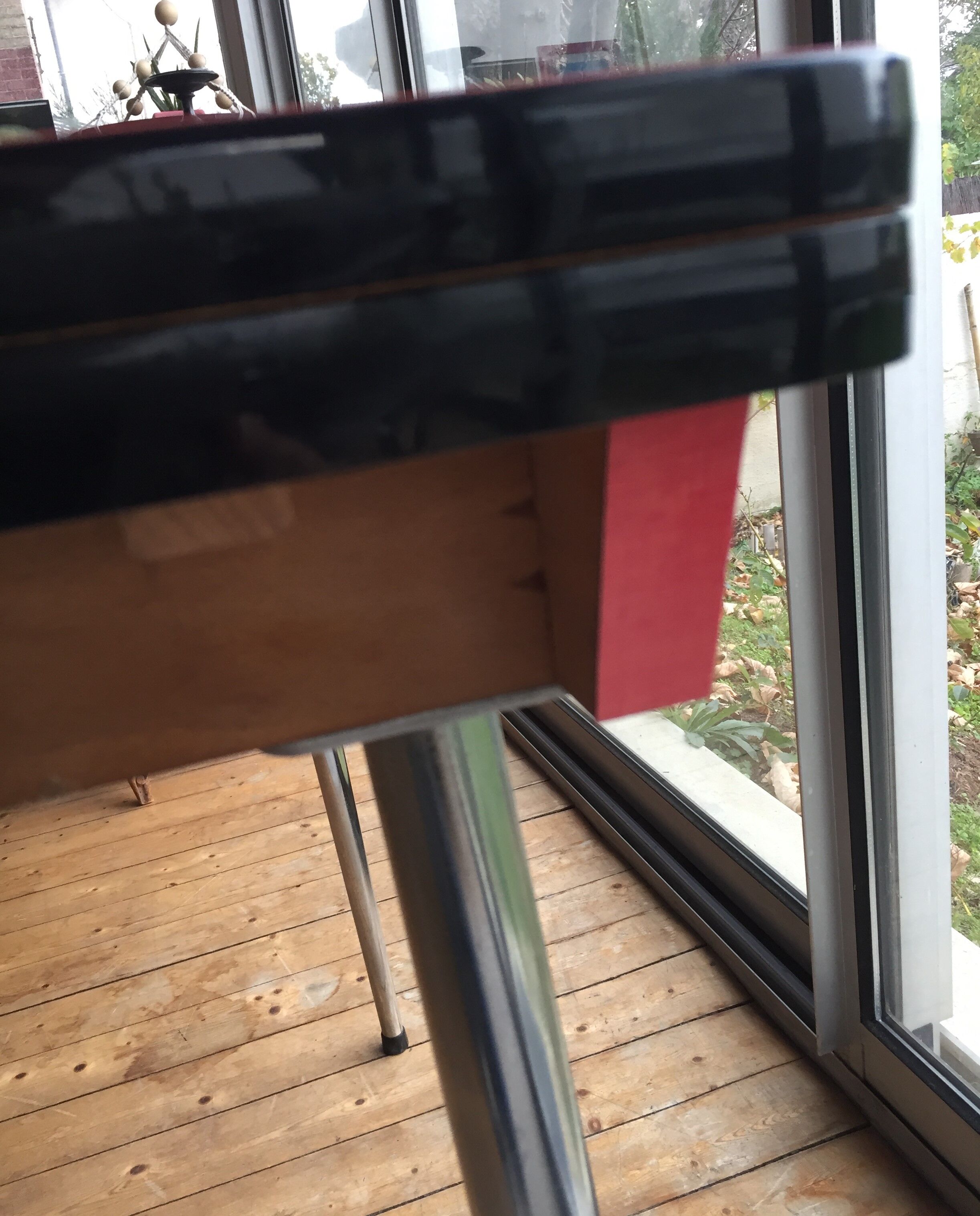 Table set and 2 vintage vintage pale red formica chairs