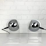 Pair of space age table lamps, chrome sphere and plexiglass, 70s
