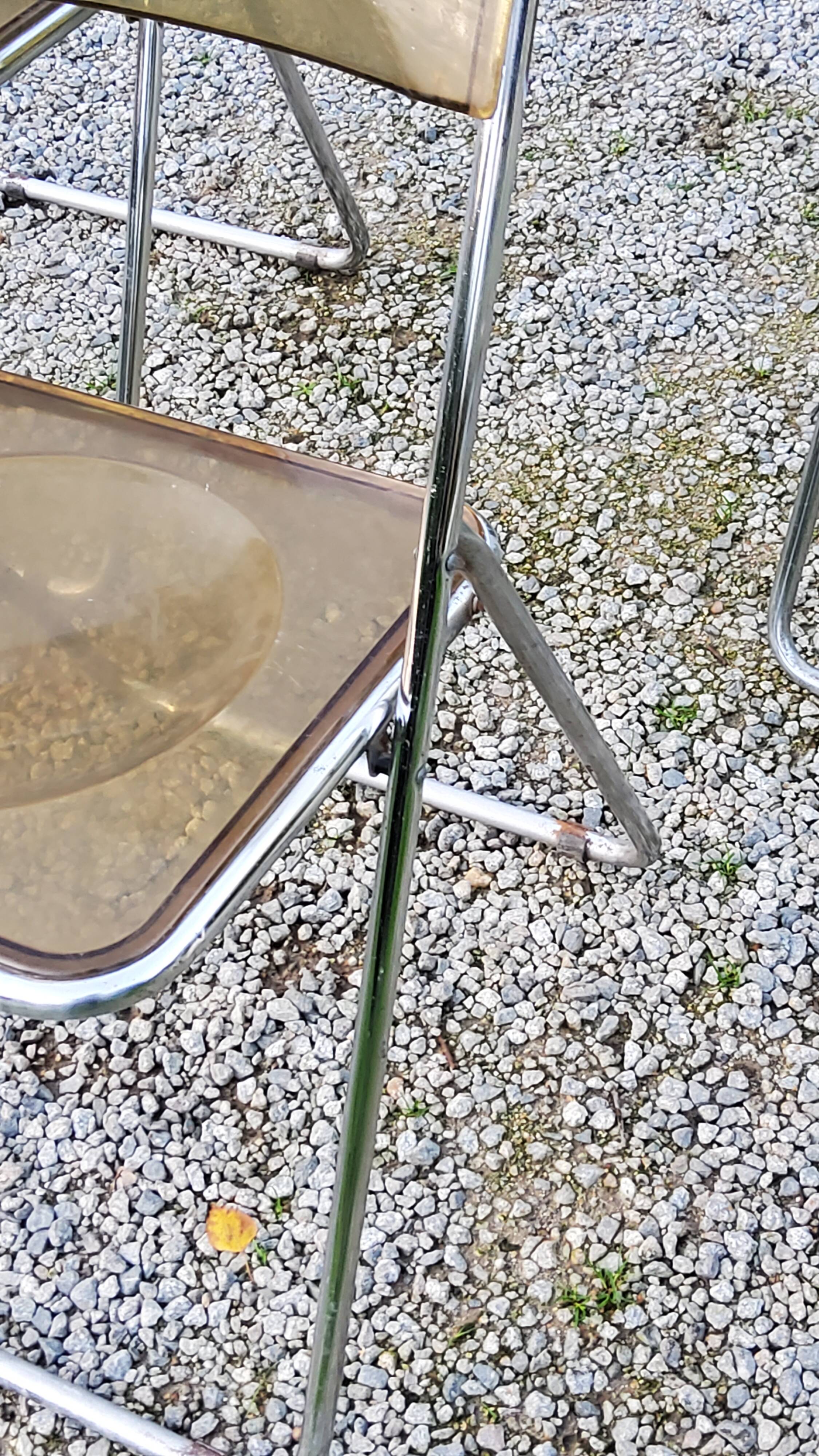 Set of 4 70s design folding chairs in smoked plexiglass and chrome metal