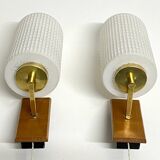 Pair of Scandinavian Wall Lights - Opaline Brass Wood - 50's 60's