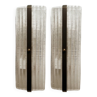 Elegant Brunish Diamanted Rectangular Murano Glass Wall Sconces – Two-Piece