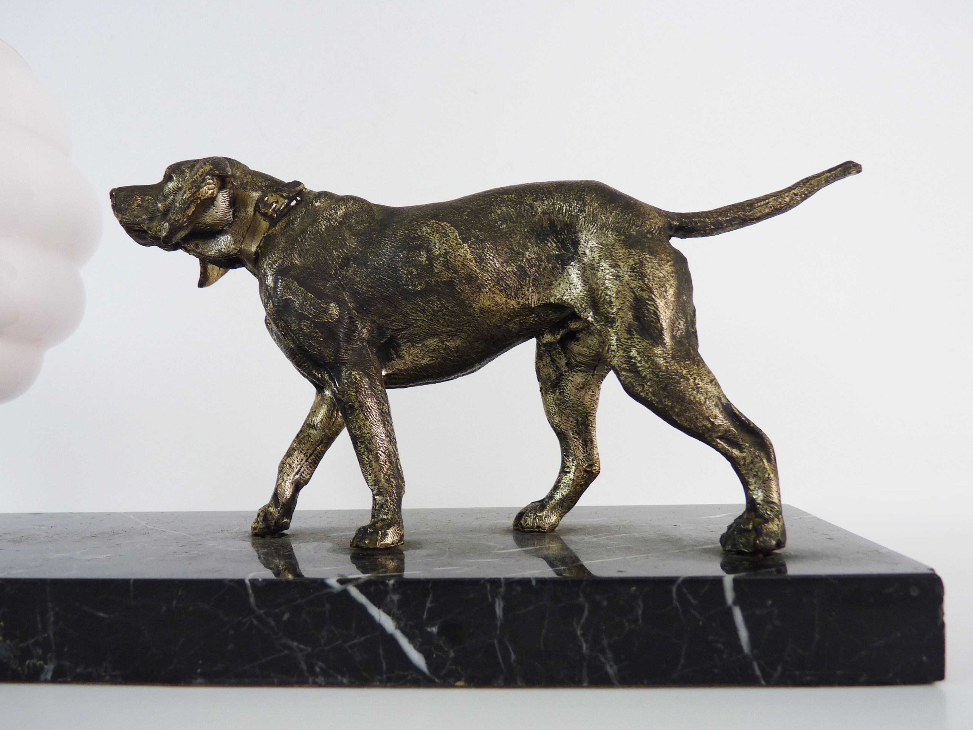 Lamp, Art Deco night light, dog on black marble base, pink globe. Year 30