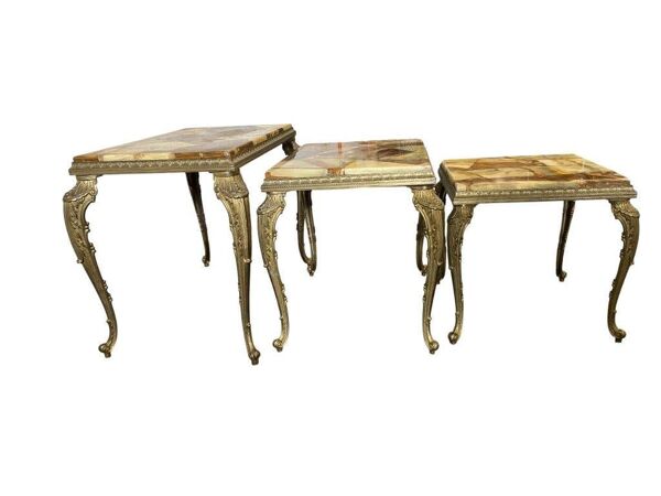Ensemble de 3 tables gigognes vintage / tables d'appoint en onyx