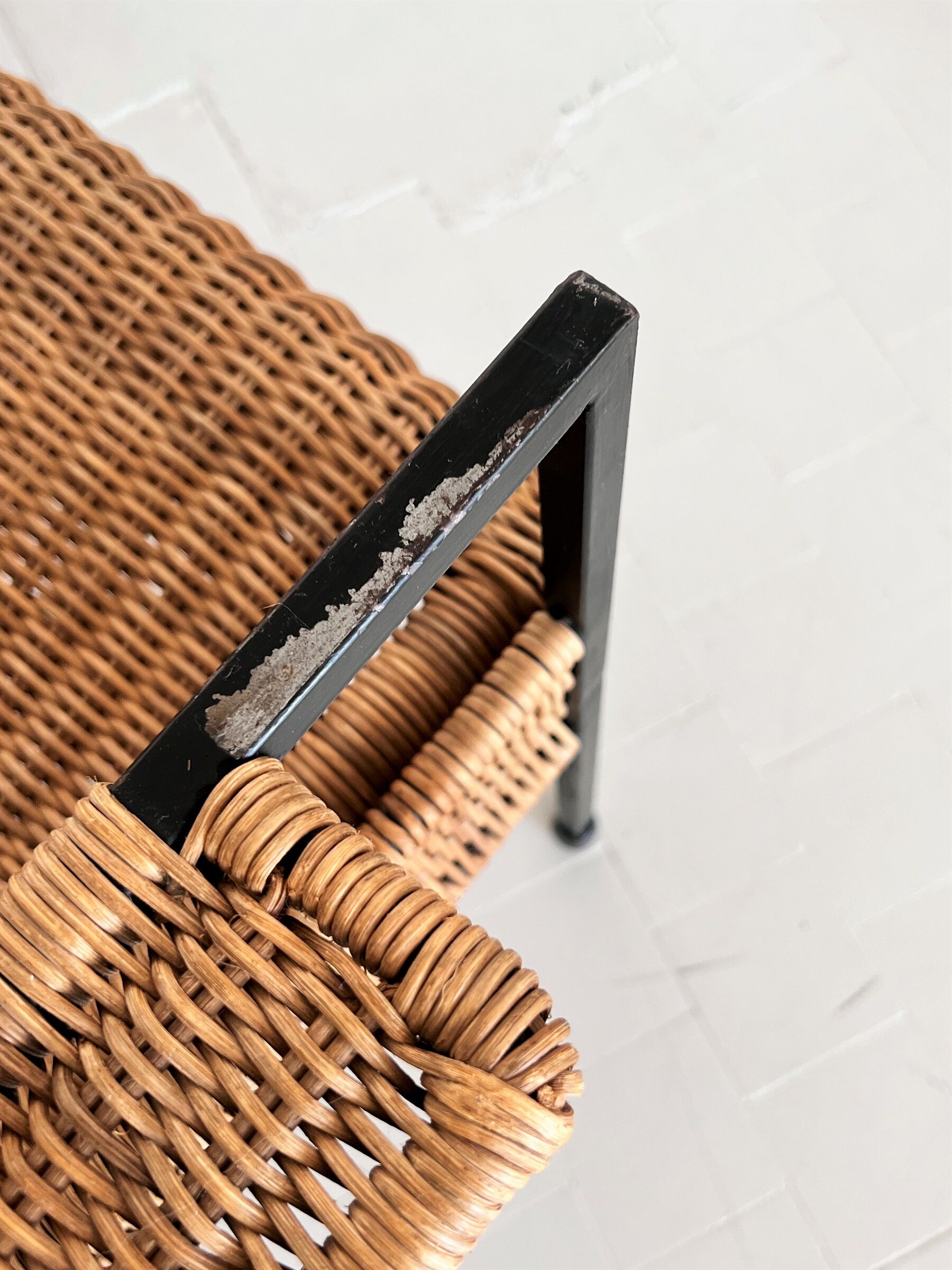 Rattan wicker and iron lounge chairs, set of 4