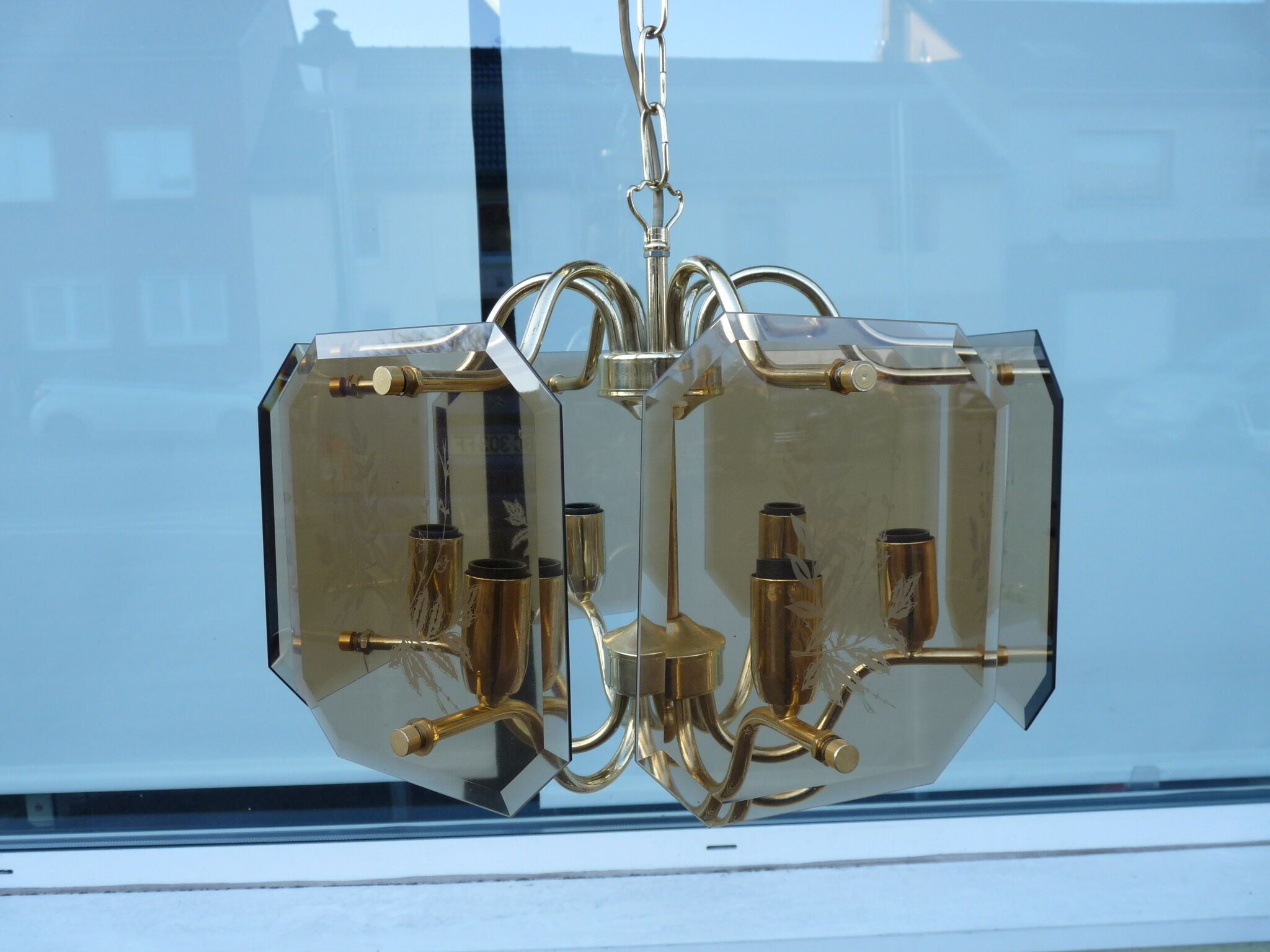 Golden chandelier 6 bevelled smoky glass lights